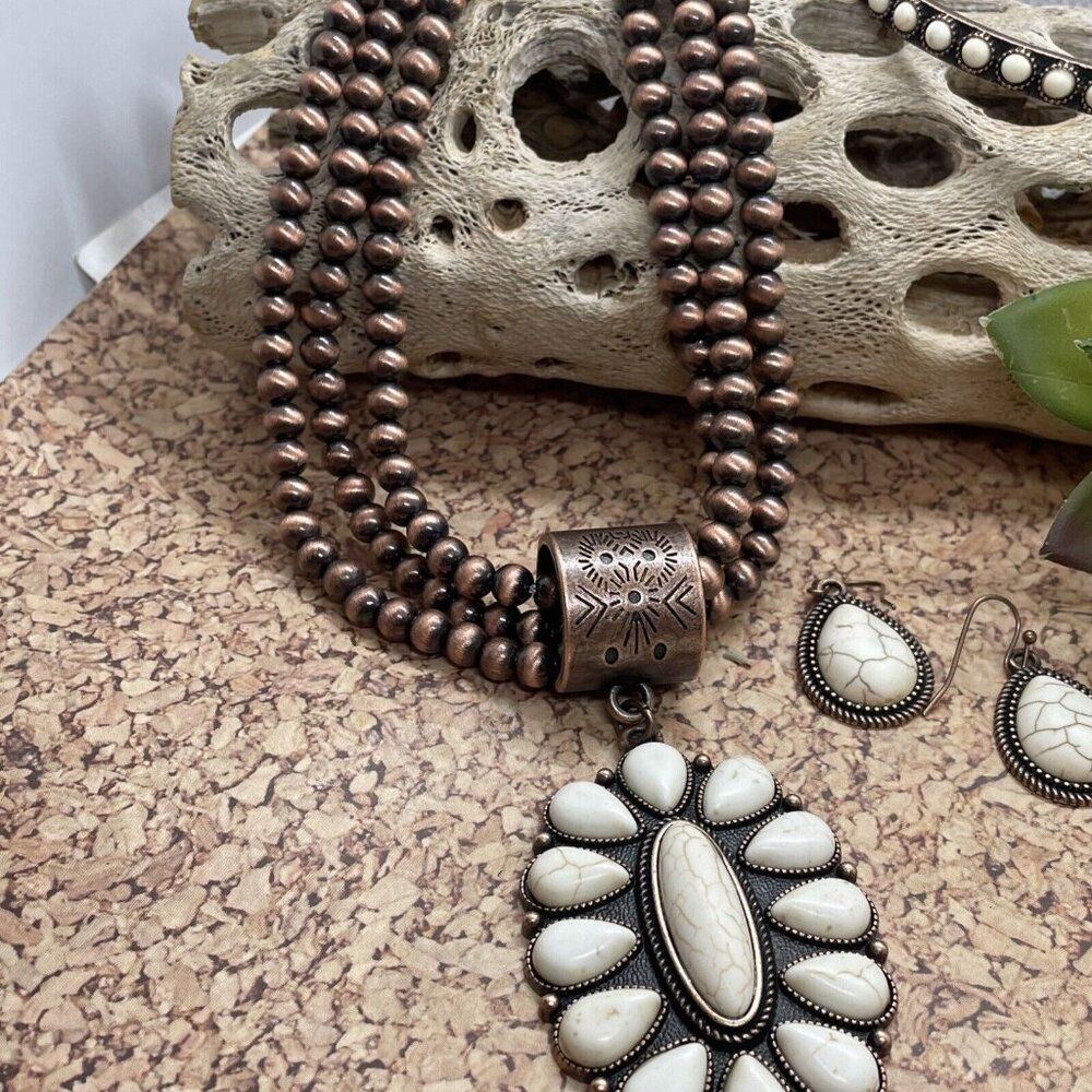 Western SQUASH BLOSSOM COPPER BUFFALO NECKLACE EARRING SOUTHWEST Set Bracelet Ne - Picture 3 of 16